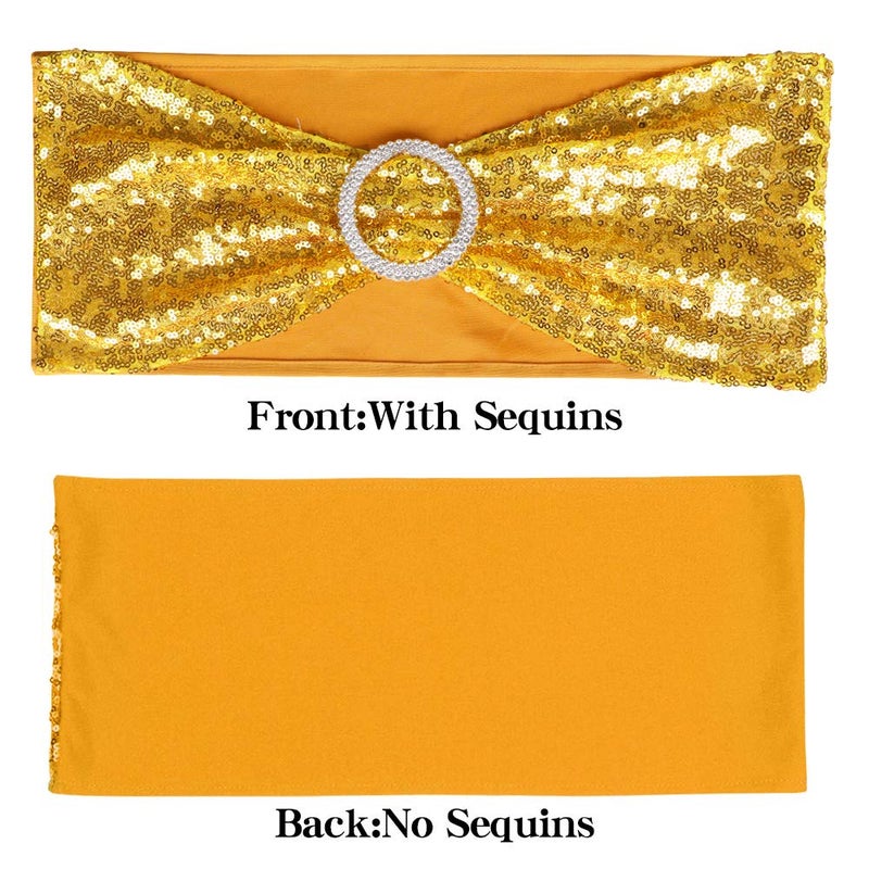 Desirable Life Pack of 50 Chair Sashes Sequin Stretchy Spandex Bands Decorative Bows One-Sided Sequins Decor for Romantic Wedding Party Home Chair Cover Sash Decorations - Gold - Image 3